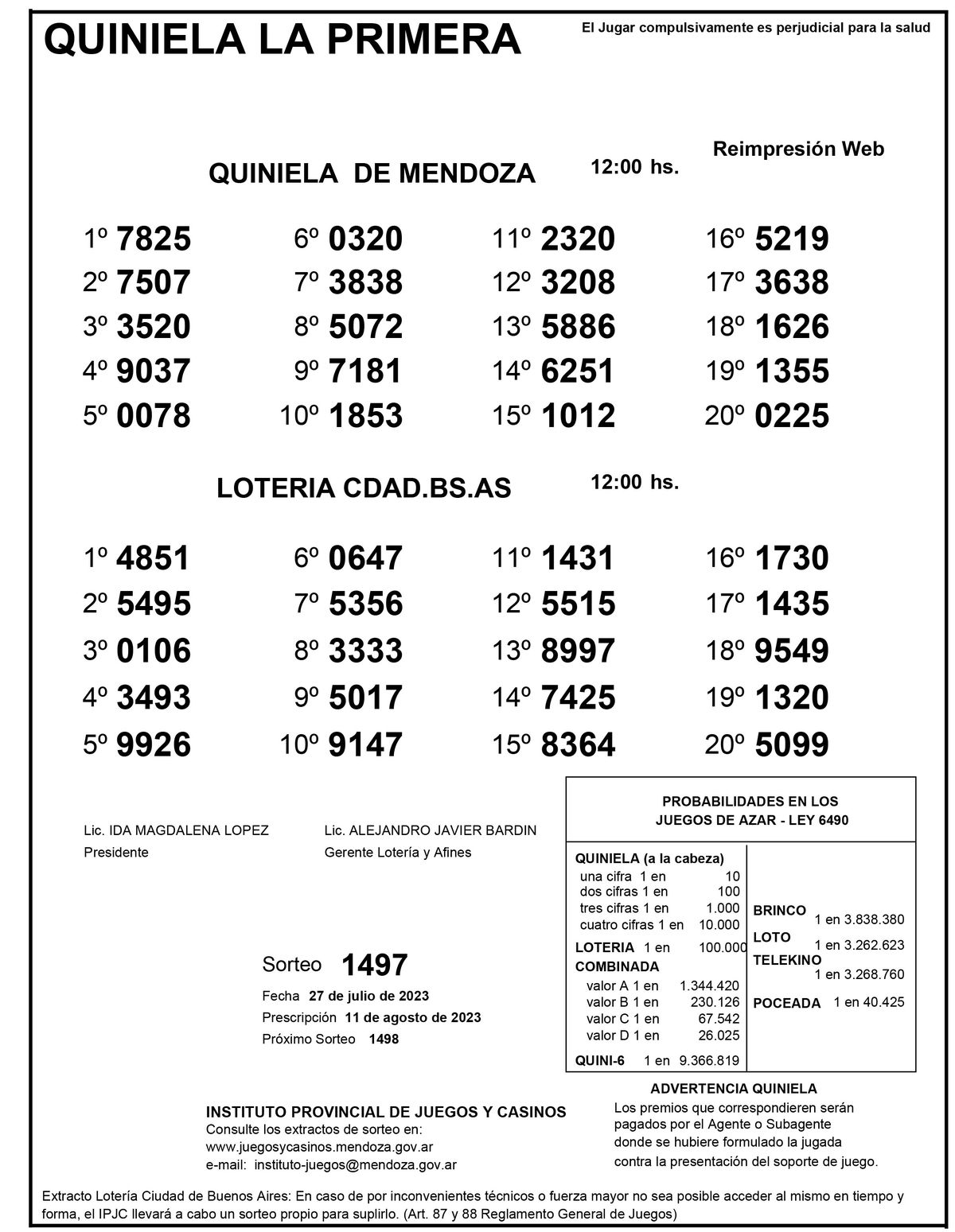 Extracto de la Quiniela de Mendoza en su edición la Primera del jueves 27 de julio. Extracto de la Quiniela de Mendoza en su edición la Primera del jueves 27 de julio.