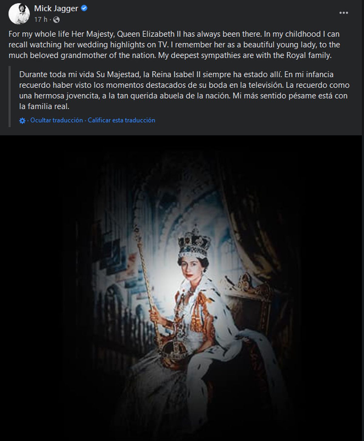 El posteo que hizo Mick Jagger tras la muerte de la reina Isabel II.