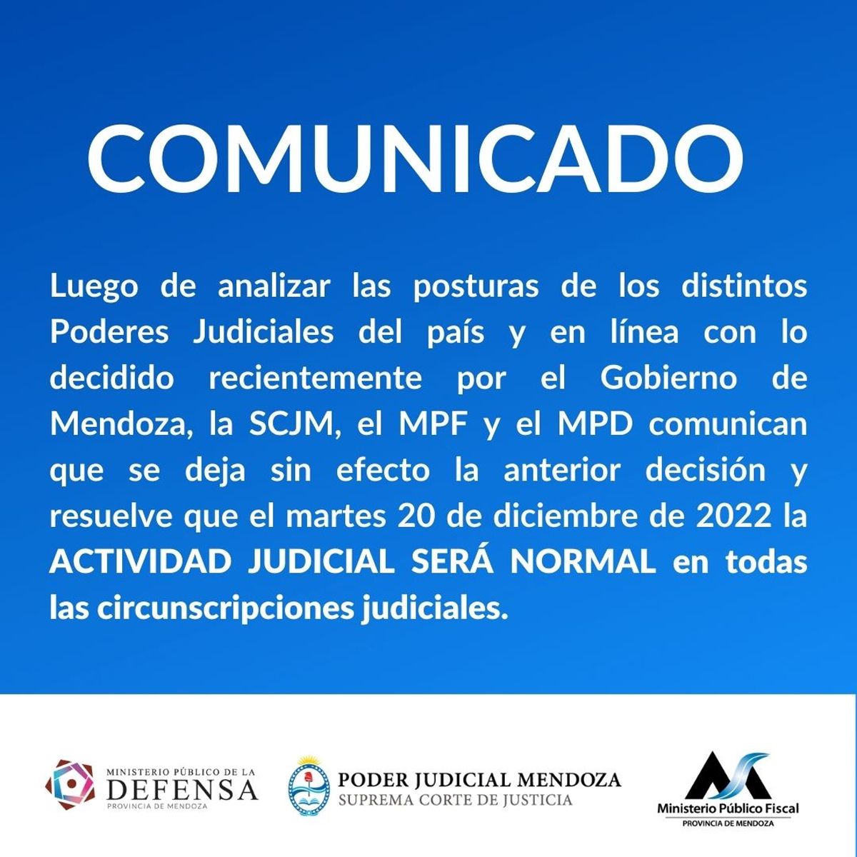 El comunicado del Poder Judicial de Mendoza sobre el feriado del 20 de diciembre por el arribo de la Selección argentina campeona del mundo al país.
