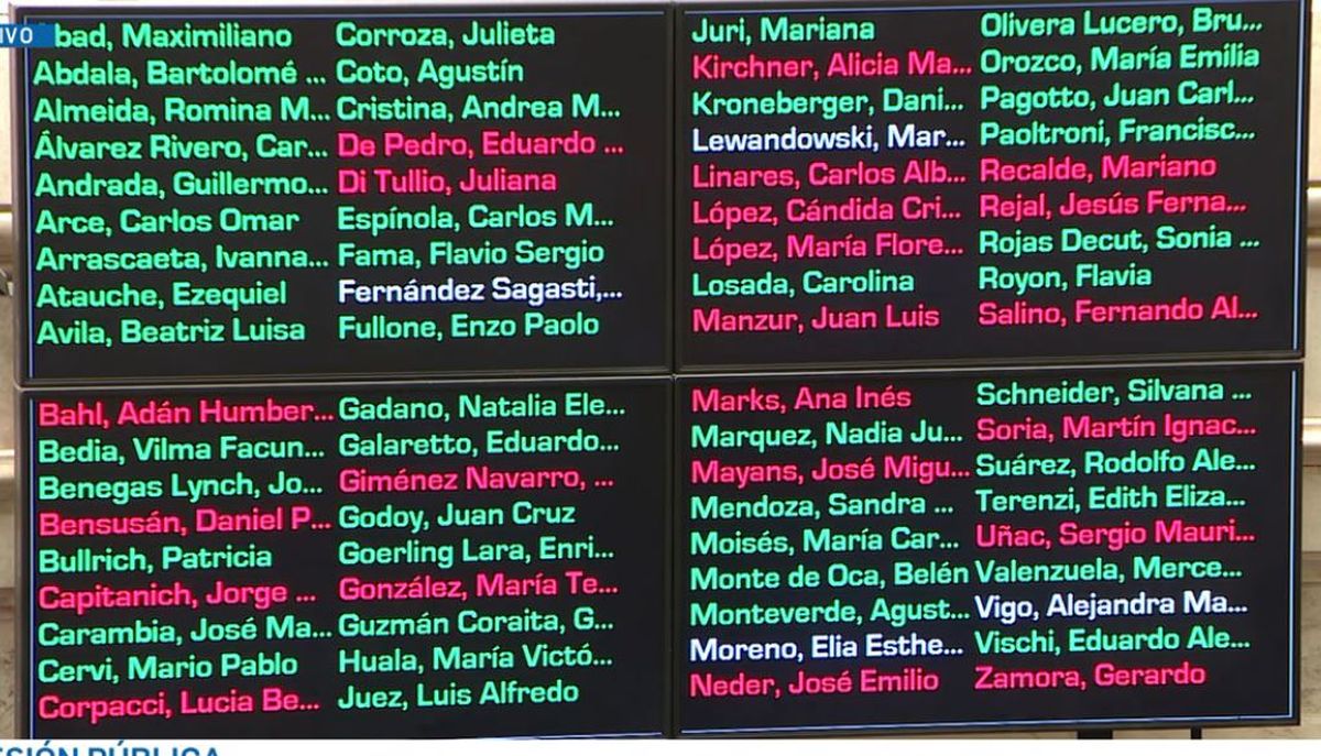 En verde, los que votaron a favor de la reforma del Banco Central. Entre ellos están los radicales mendocinos Rodolfo Suarez y Mariana Juri.