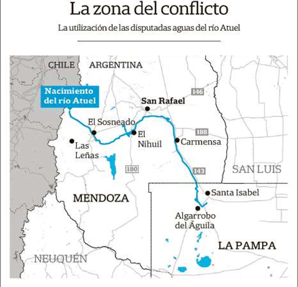 La disputa por el caudal del río Atuel es la madre del conflicto entre La Pampa y Mendoza. Infografía de La Nación.