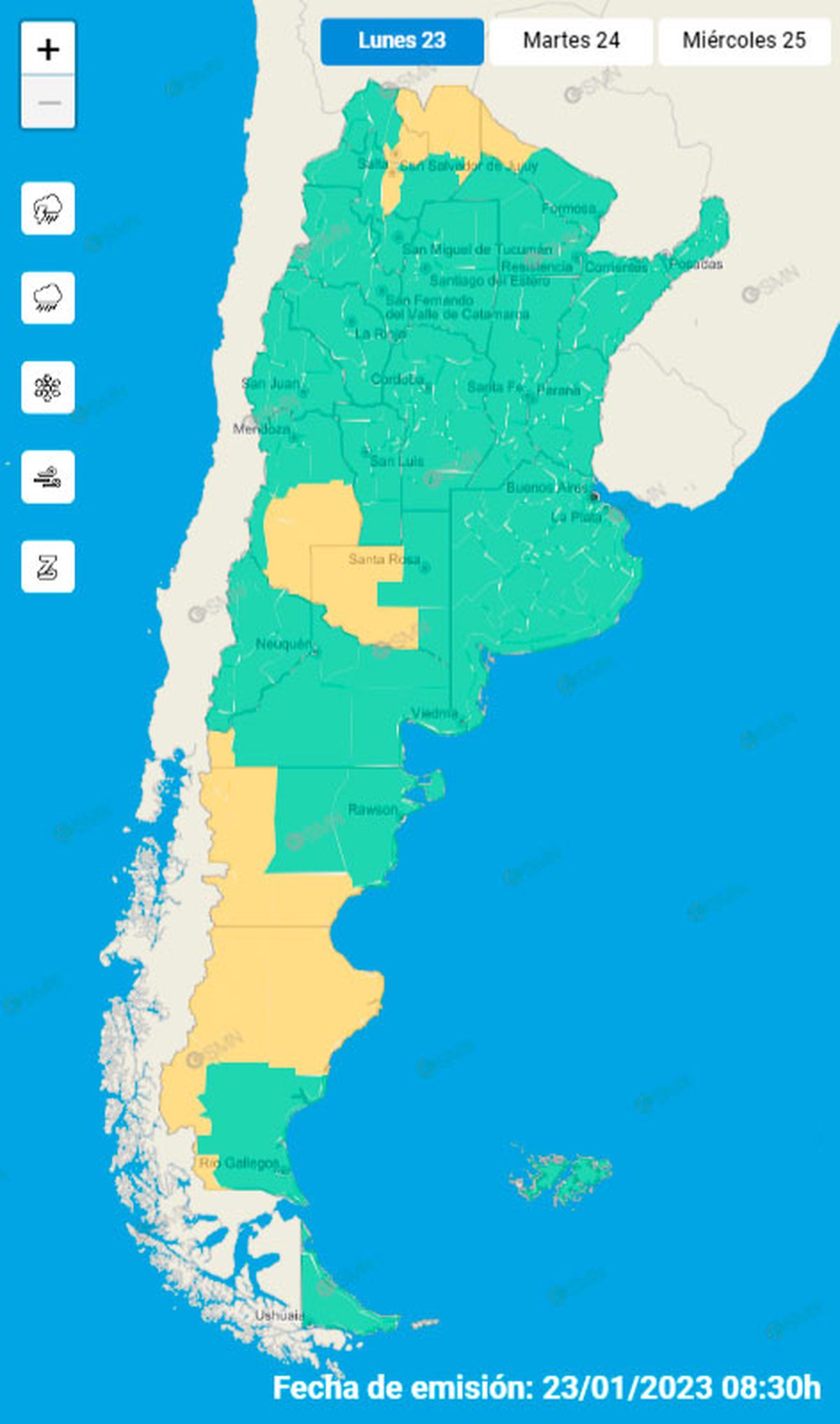 Mapa del Servicio Meteorológico Nacional con alerta amarilla para gran parte de Mendoza.