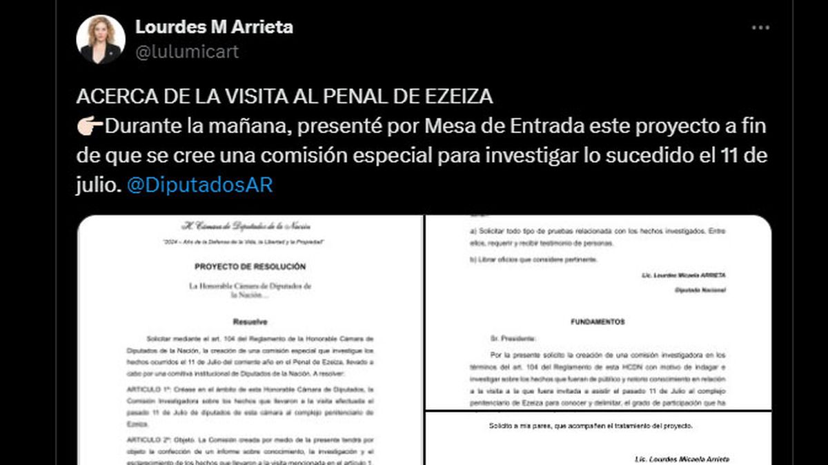 El proyecto de ley presentado por Lourdes Arrieta para que se investigue la visita a represores. El proyecto de ley presentado por Lourdes Arrieta para que se investigue la visita a represores.