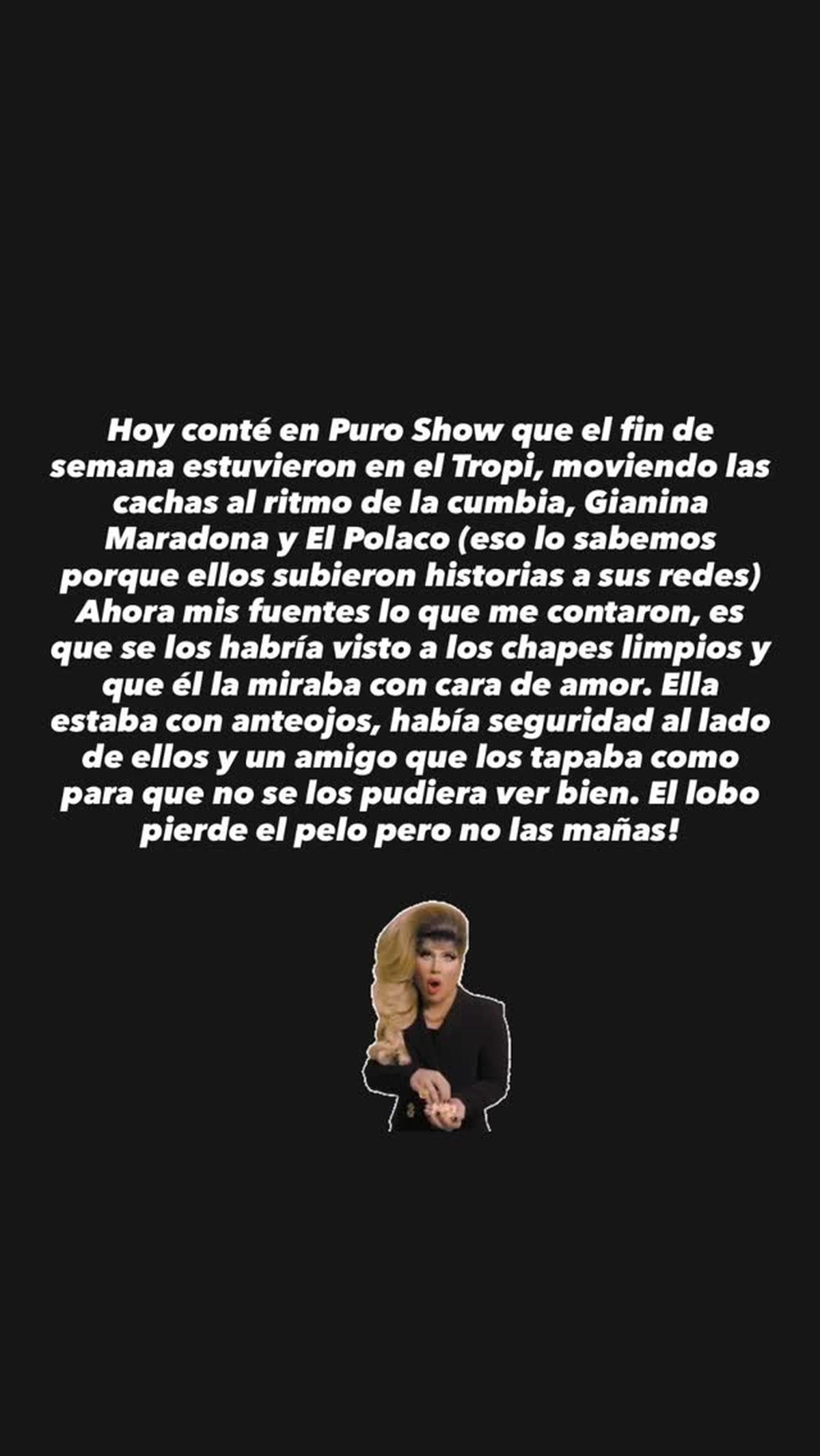 Vieron al Polaco y Gianina Maradona a los besos en un boliche. Vieron al Polaco y Gianina Maradona a los besos en un boliche.