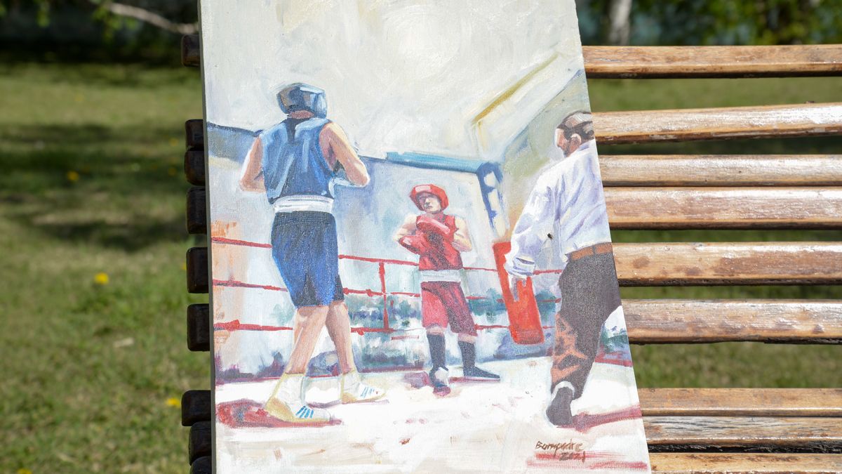 Para la posteridad. Cuadro que tomó como tema al boxeo, basado en una foto de una de sus peleas amateurs.
