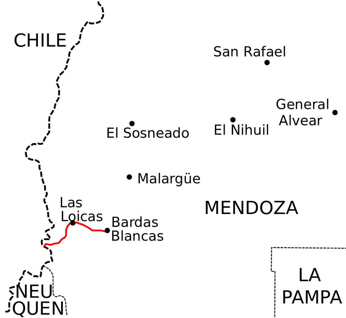 La Ruta Nacional 145, en Malargüe, atraviesa al ecosistema de la rana pehuenche. En La Pampa dicen que el asfalto trajo daños ecológicos. Imagen: Wikipedia.