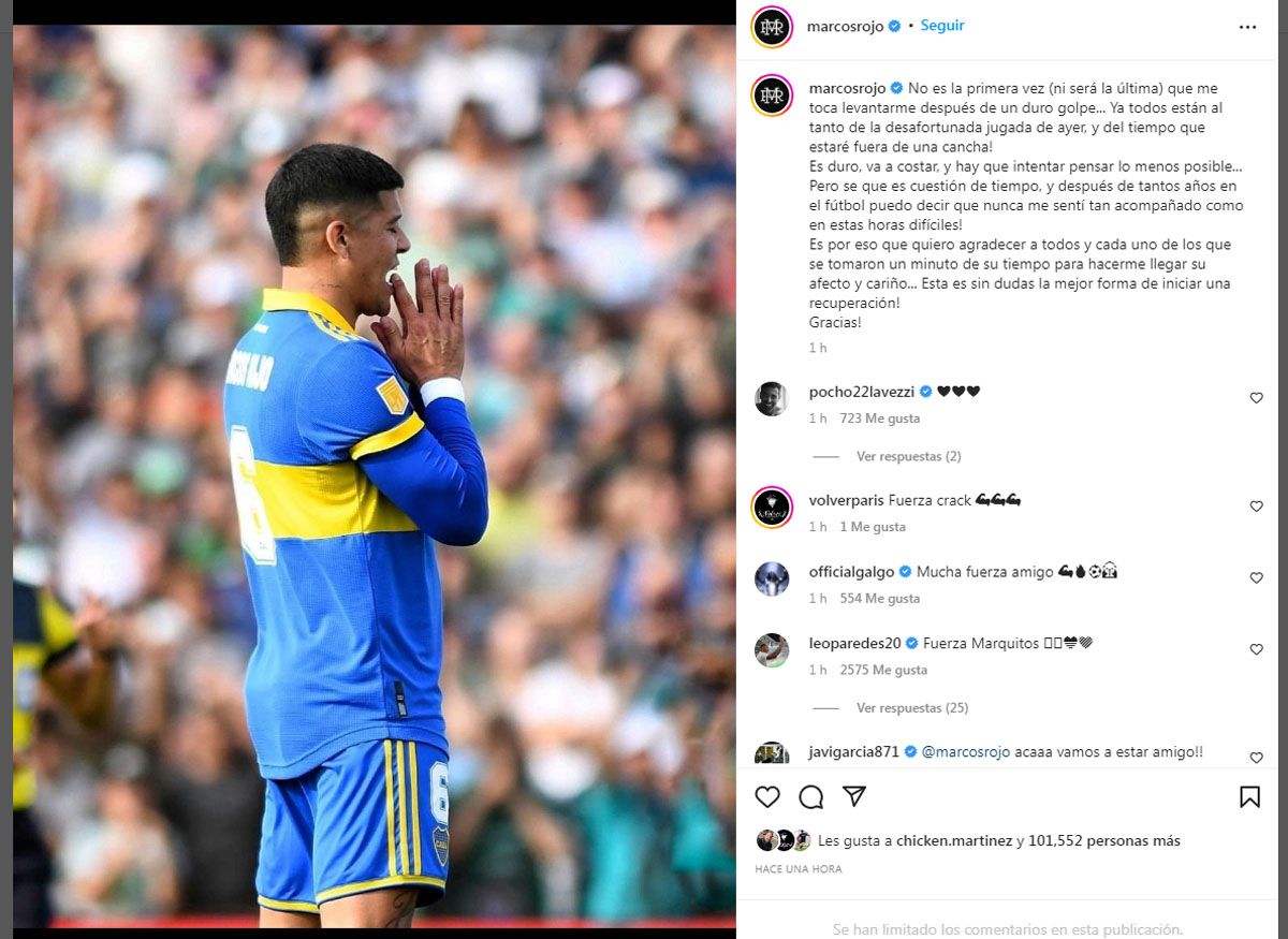 La publicación de Marcos Rojo agradeciendo el apoyo a los los hinchas de Boca