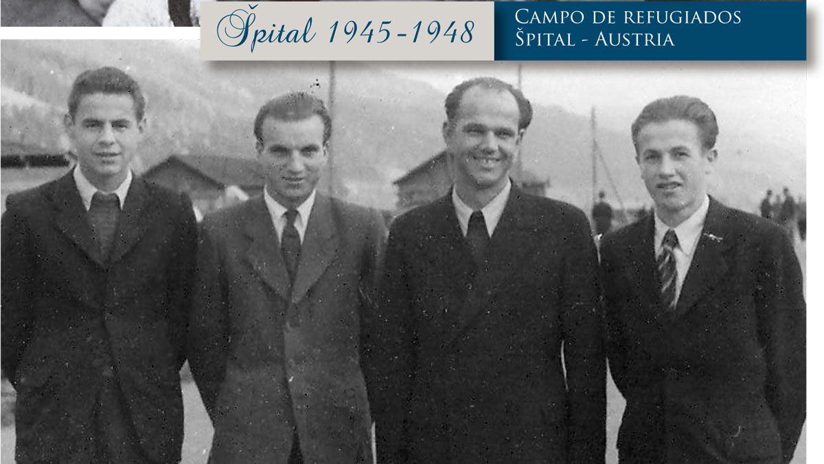 Stanko, primero a la izquierda, junto a familiares y amigos en el campo de refugiados de Austria, donde pasó casi tres años y medio, antes de venir a Argentina.