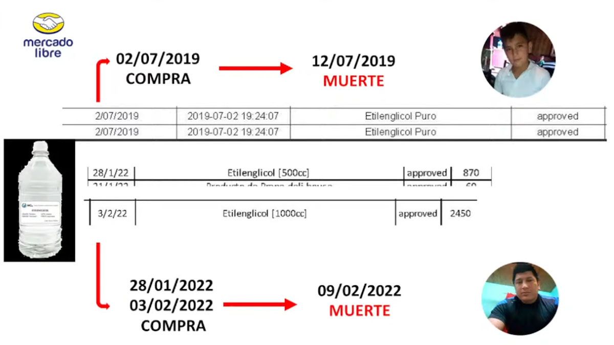 Las compras de etilenglicol que concretó Karen Oviedo en 2019 y en 2022 por Mercado Libre.