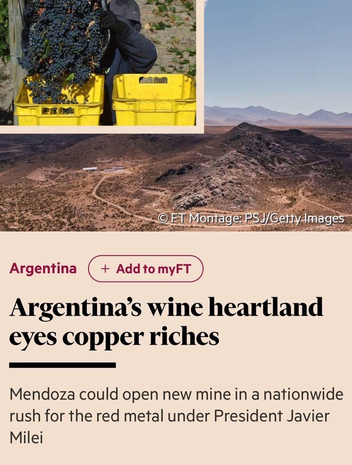 La nota que publicó el Financial Times esta semana resalta que "el corazón vitivinícola de Argentina" posó la mirada en sus riquezas metalíferas. La nota que publicó el Financial Times esta semana resalta que "el corazón vitivinícola de Argentina" posó la mirada en sus riquezas metalíferas.
