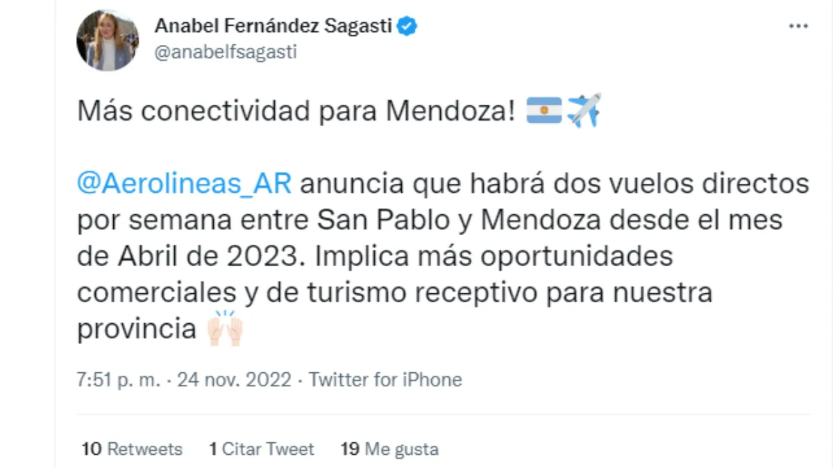 Fernández Sagasti celebró la nueva ruta de Aerolíneas Argentinas para mendocinos y turistas.