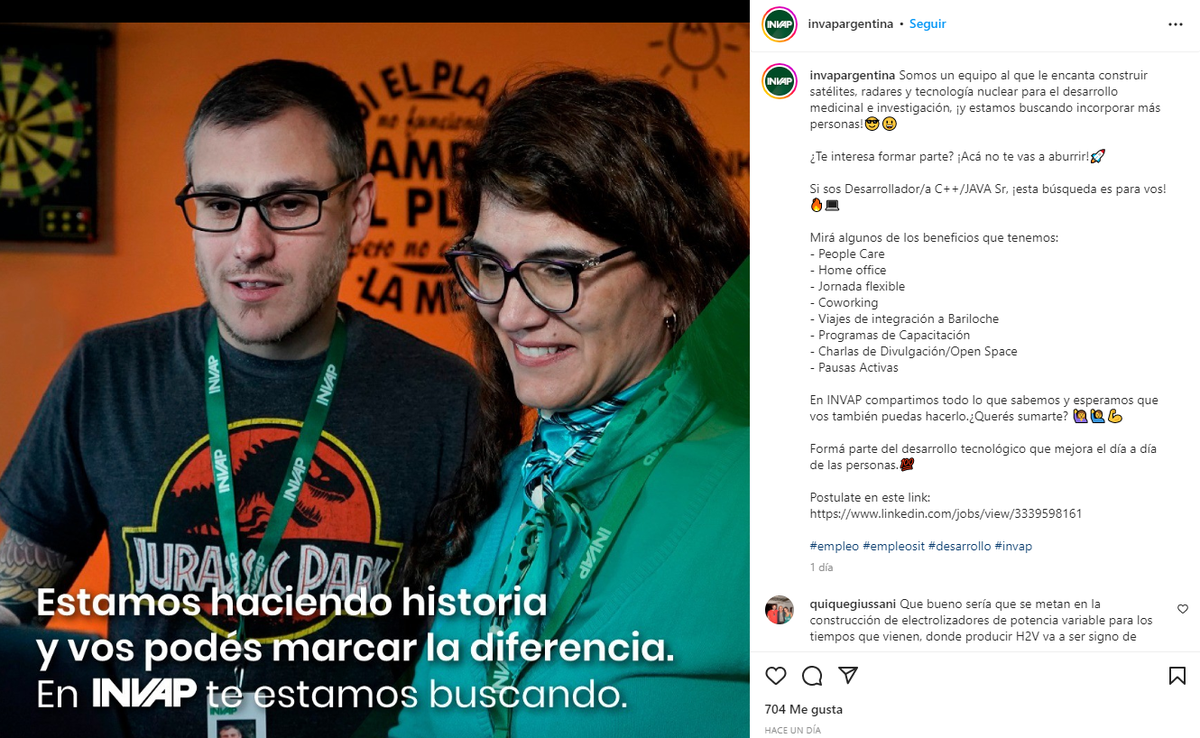 El posteo del gigante en tecnología INVAP en sus redes sociales, detallando los puntos convocatoria.