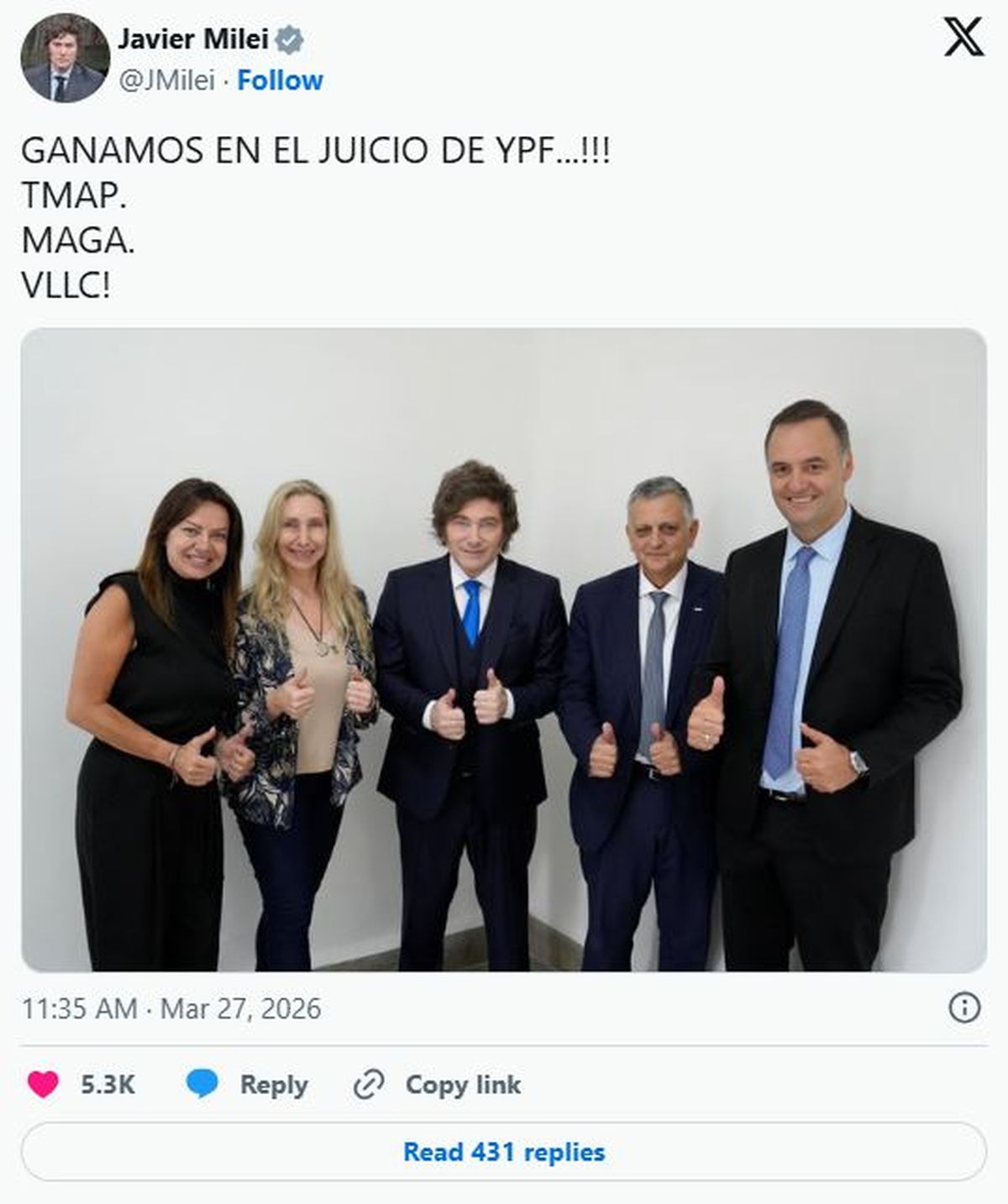 Milei festej&oacute; el fallo en Estados Unidos en favor de Argentina. Foto: X