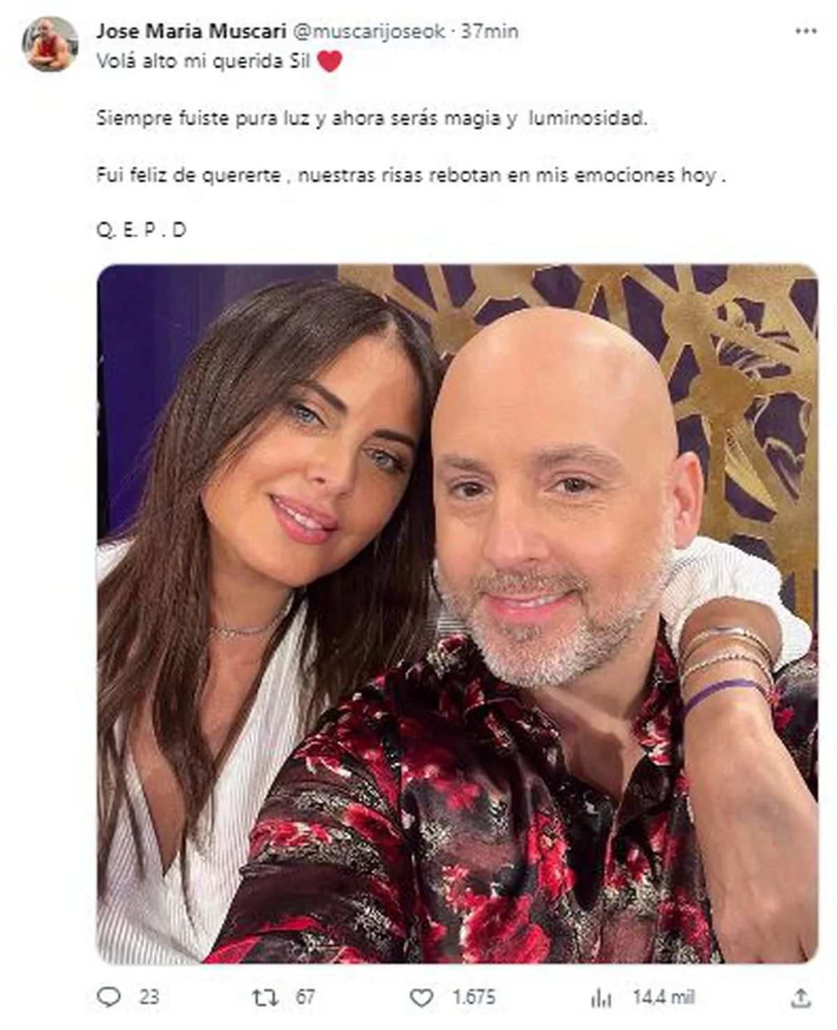 El tuit de José María Muscari por la muerte de Silvina Luna. El tuit de José María Muscari por la muerte de Silvina Luna.