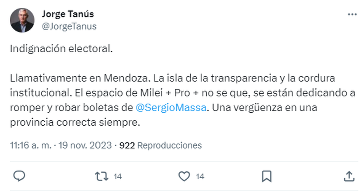Jorge Tanús también se refirió a la rotura y robo de boletas en la provincia de Mendoza. Jorge Tanús también se refirió a la rotura y robo de boletas en la provincia de Mendoza.