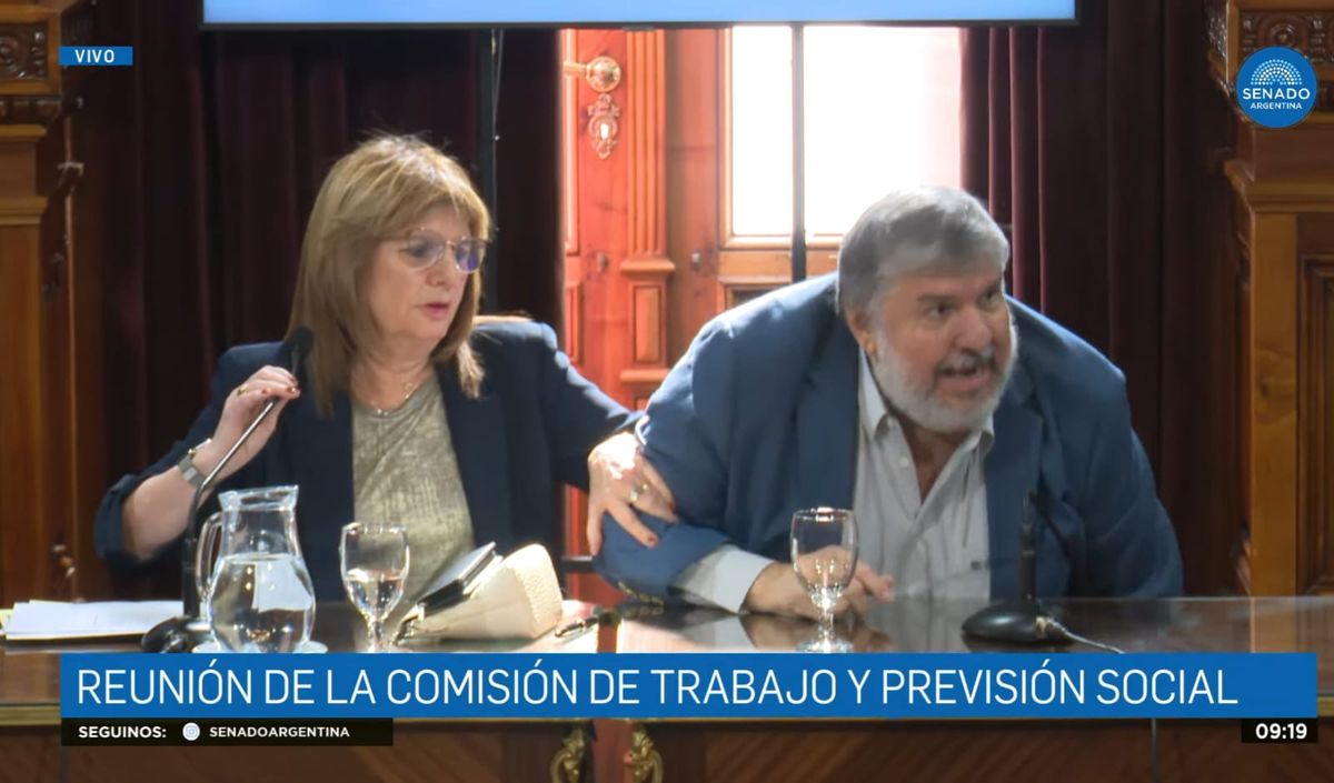 Patricia Bullrich y José Mayans antes de que comenzara el debate de la reforma laboral.
