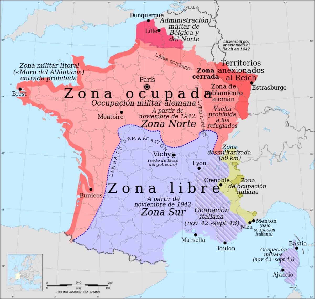 El mapa de Francia tras ser vencida por Alemania. Imagen: Wikipedia. El mapa de Francia tras ser vencida por Alemania. Imagen: Wikipedia.