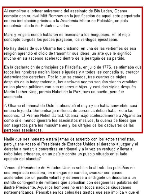 Fidel llamó verdugo a Obama al conmemorarse la muerte de Bin Laden