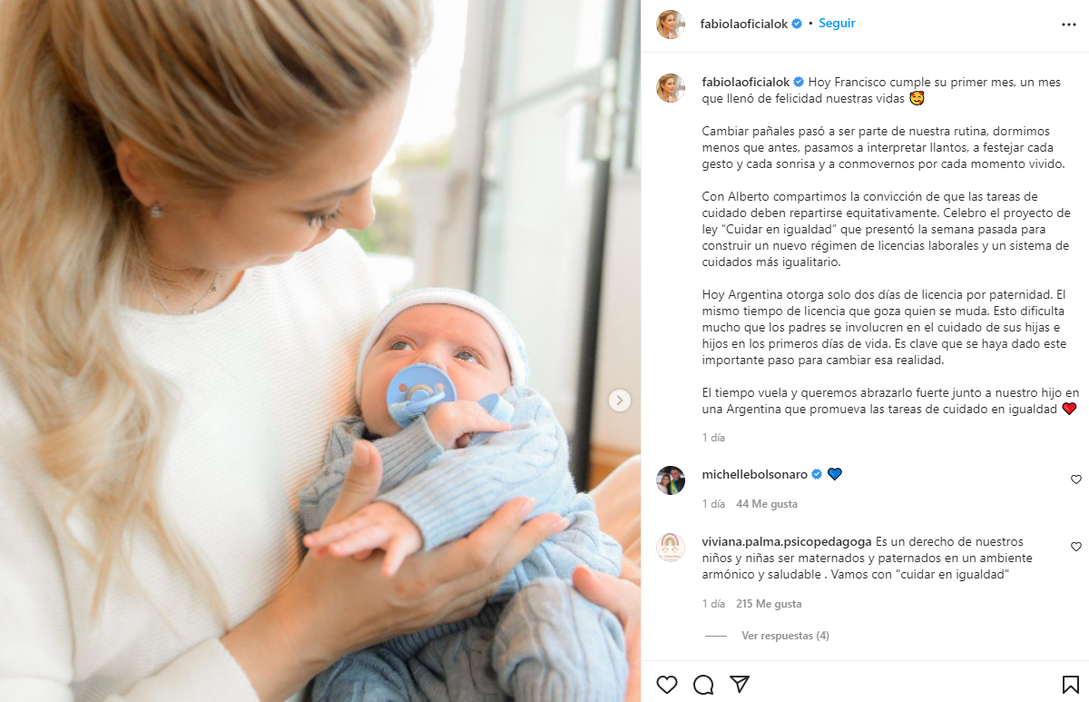El posteo de Fabiola Yañez en Instagram, donde destacó el proyecto de ley "Cuidar en Igualdad".
