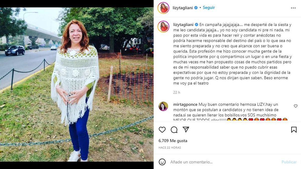 Lizy Tagliani, sin dejar el humor y la ironía de lado, negó los rumores que la vinculaban a la política.