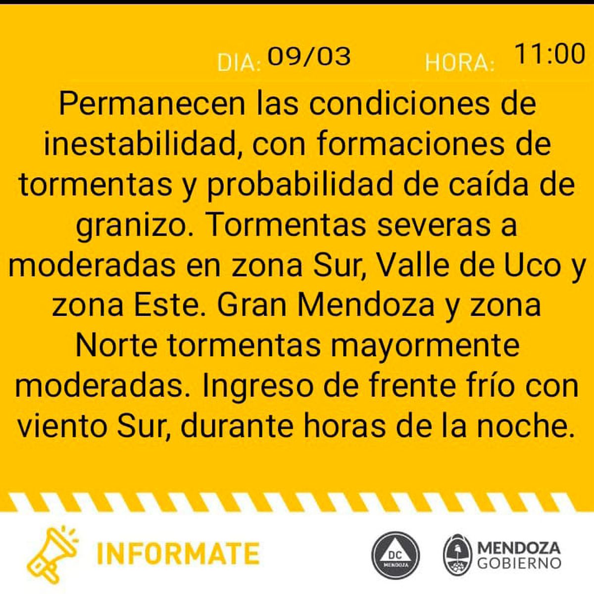 Defensa Civil emitió este jueves una nueva alerta amarilla para la provincia de Mendoza.