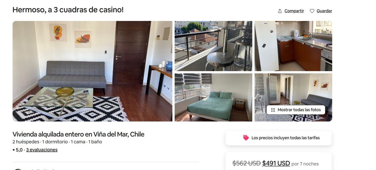 Alojamiento en Viña del Mar para dos personas. El valor de la estadía incluye siete noches. Imagen: Airbnb. Alojamiento en Viña del Mar para dos personas. El valor de la estadía incluye siete noches. Imagen: Airbnb.