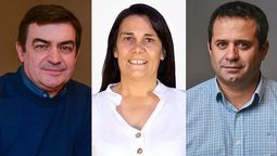El diputado Omar De Marchi (PRO), y los principales referentes del SUTE, Carina Sedano y Gustavo Correa.