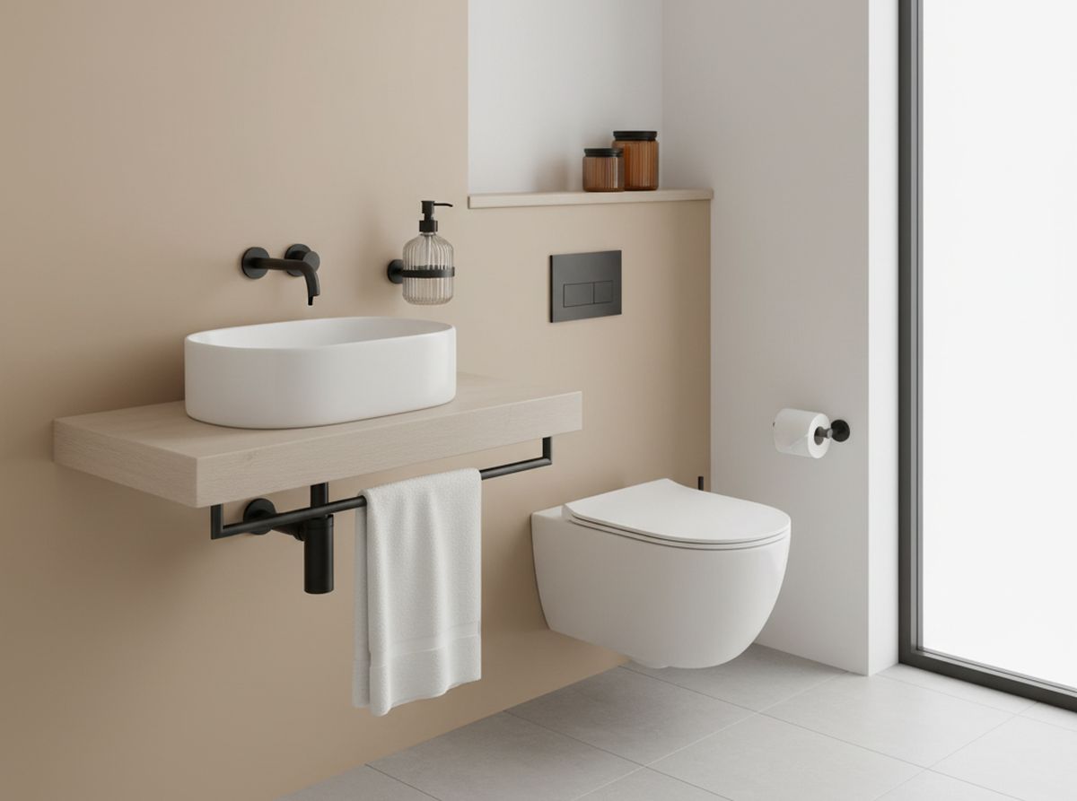 Un toallero bajo la bacha puede ahorrar espacio en un mini ba&ntilde;o.