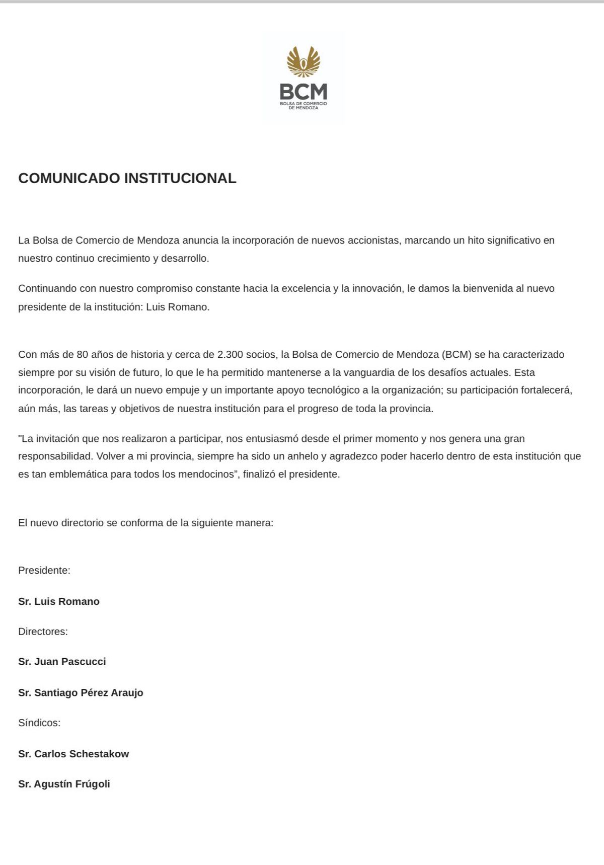 El comunicado de la BCM tras la salida de Pérez Cuesta del directorio. El comunicado de la BCM tras la salida de Pérez Cuesta del directorio.