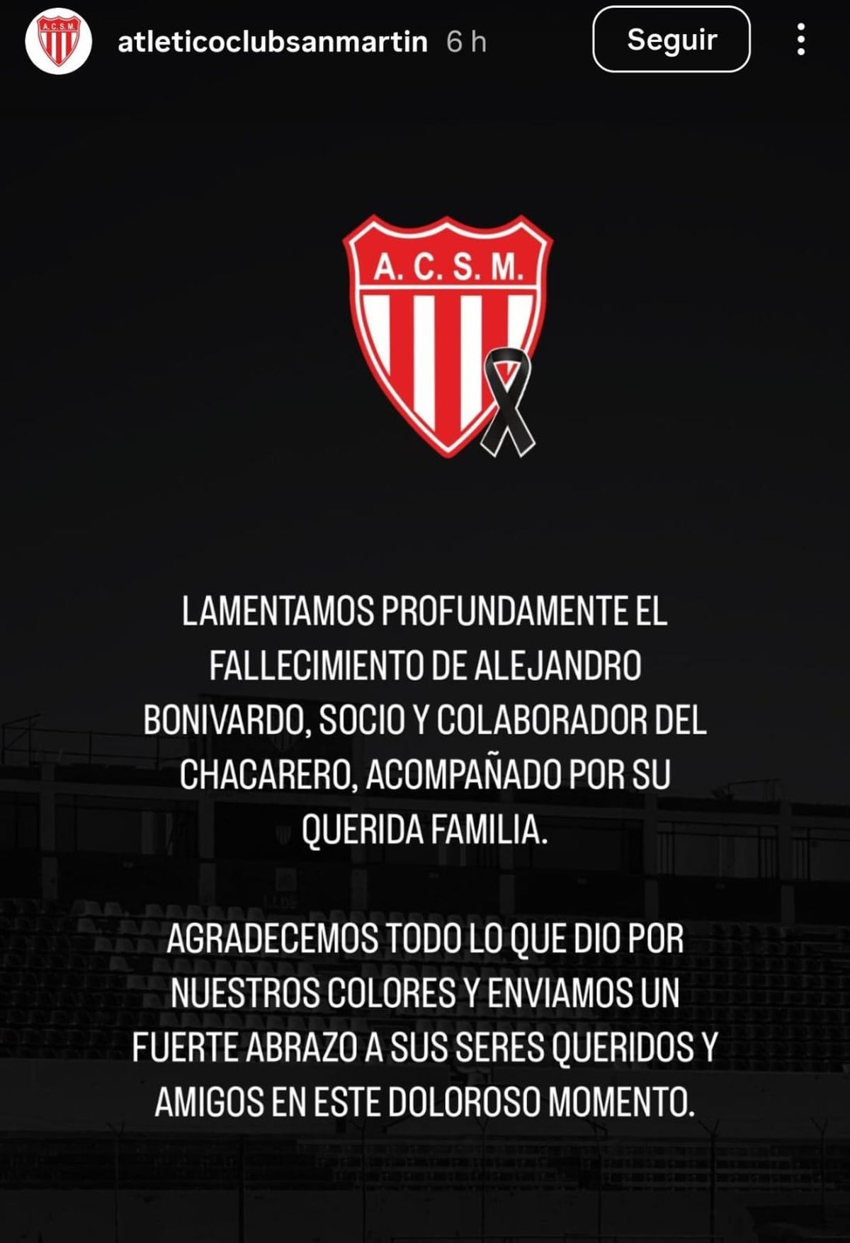 El comunicado del Atlético Club San Martín por la muerte del empresario Alejandro Bonivardo. El comunicado del Atlético Club San Martín por la muerte del empresario Alejandro Bonivardo.