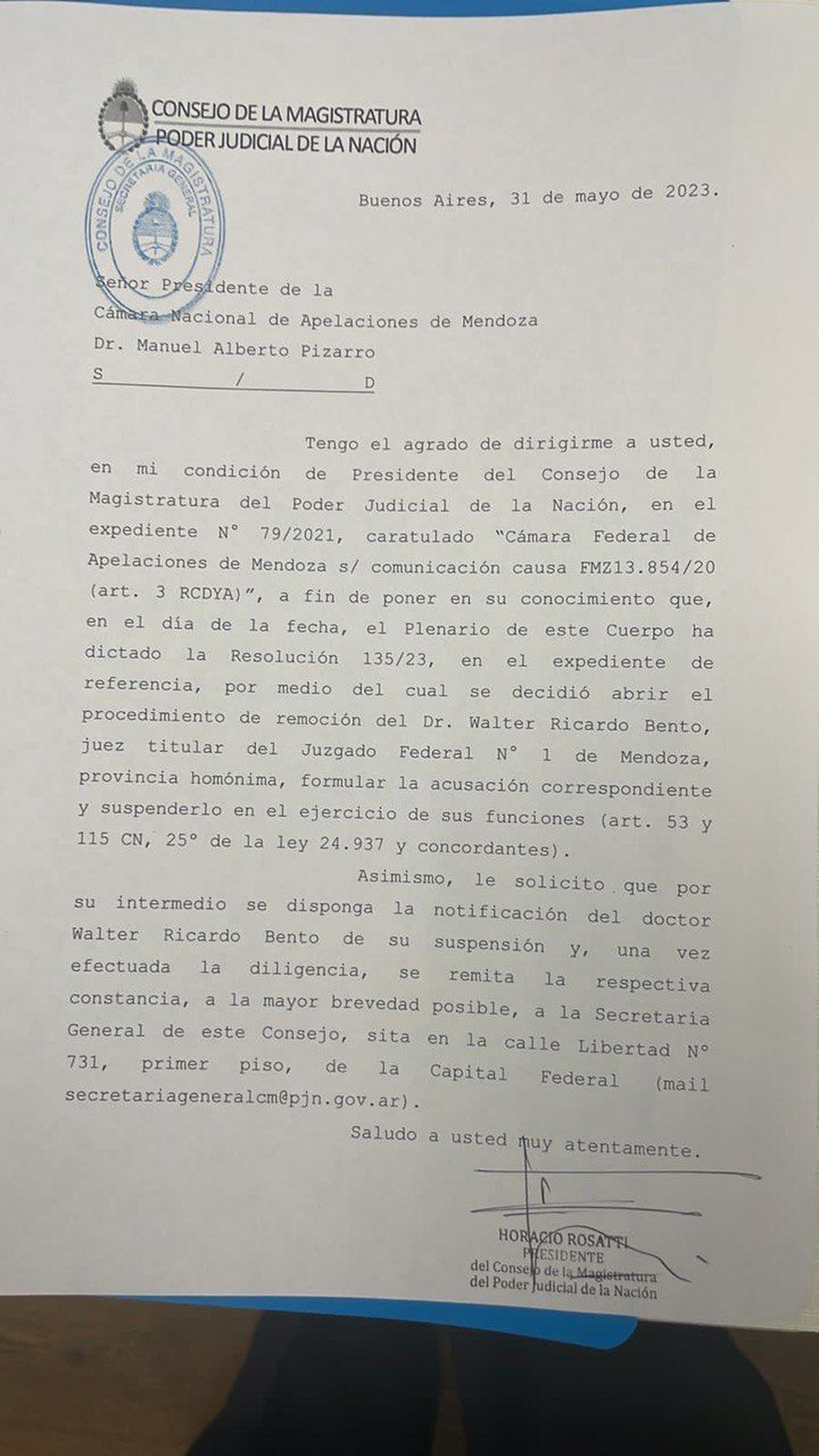 La notificación de Rosatti al presidente de la Cámara Federal de Apelaciones de Mendoza, Manuel Pizarro.
