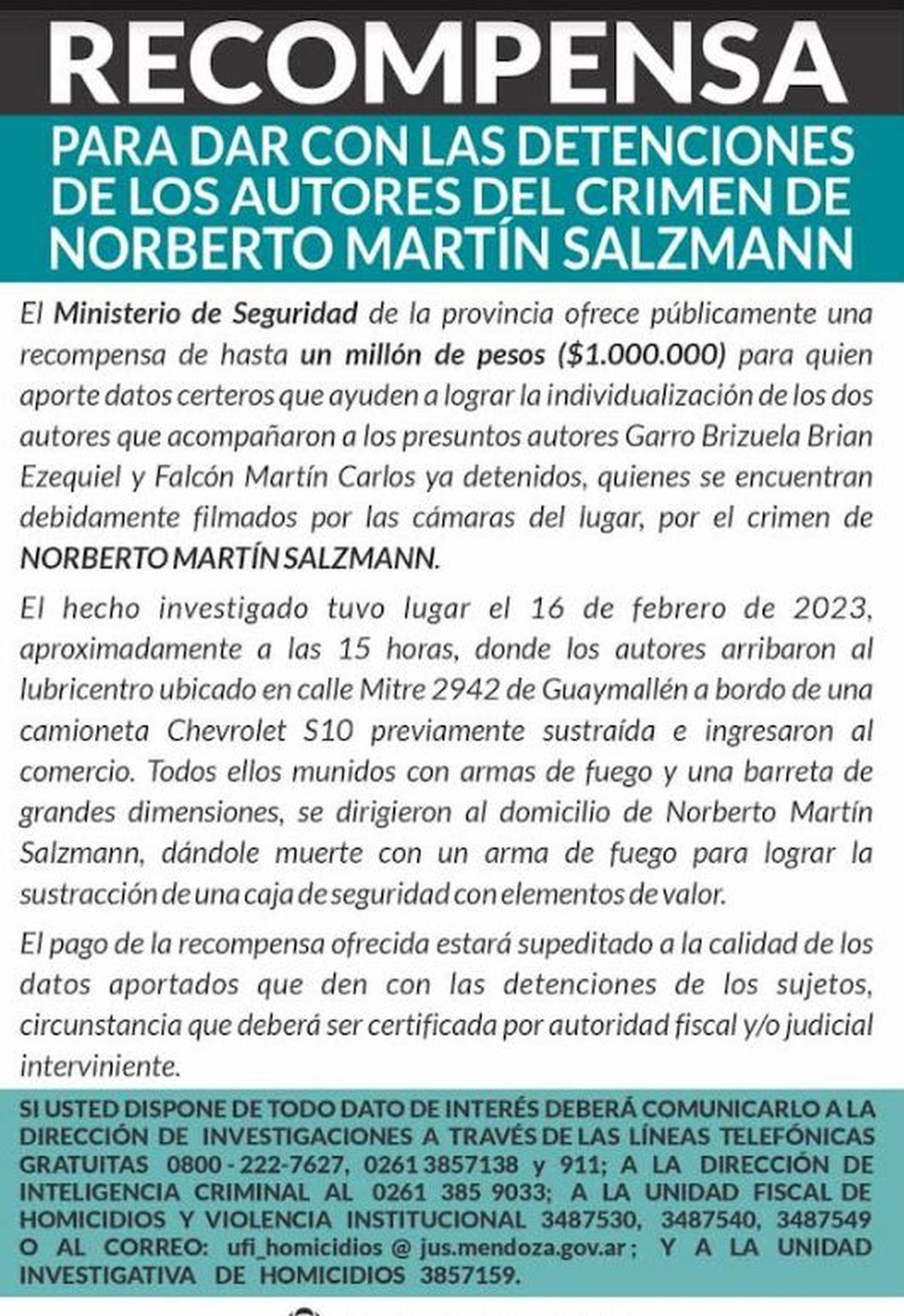 El Ministerio de Seguridad ofreció una recompensa de $1 millón para dar con dos prófugos del asesinato del comerciante de Guaymallén.