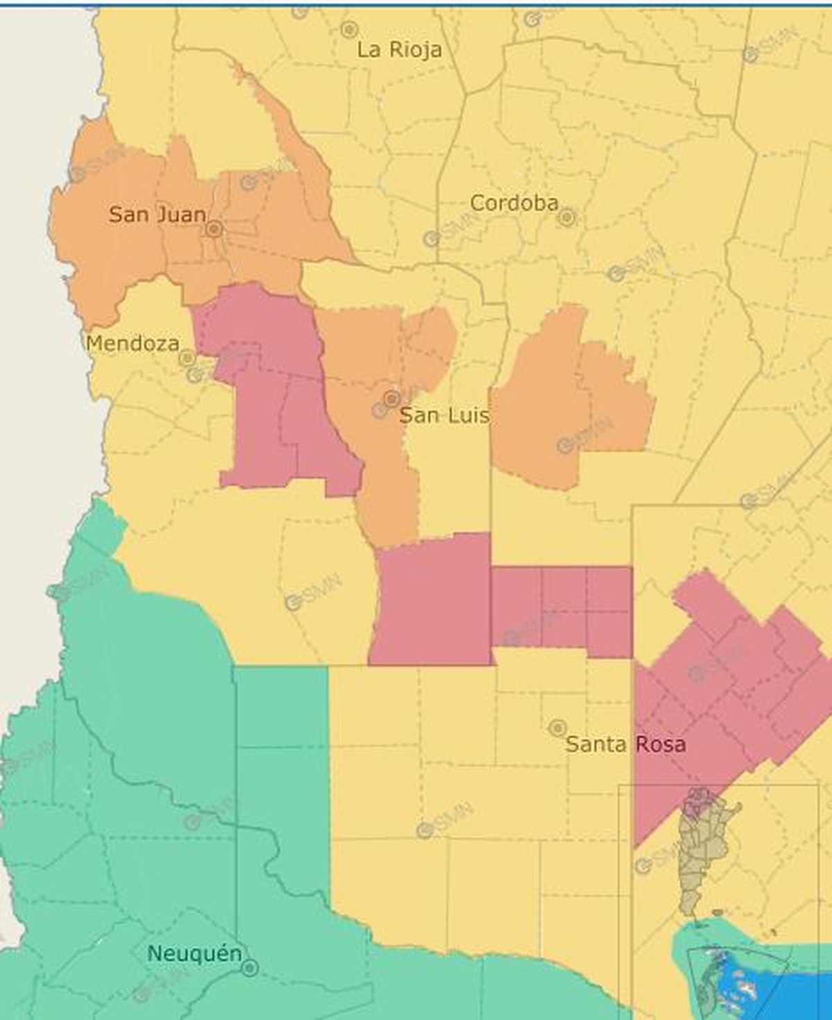 Los sectores marcados en rojo en el mapa son las regiones del país donde las temperaturas extremas pueden causar daños en las personas y animales. Los sectores marcados en rojo en el mapa son las regiones del país donde las temperaturas extremas pueden causar daños en las personas y animales.
