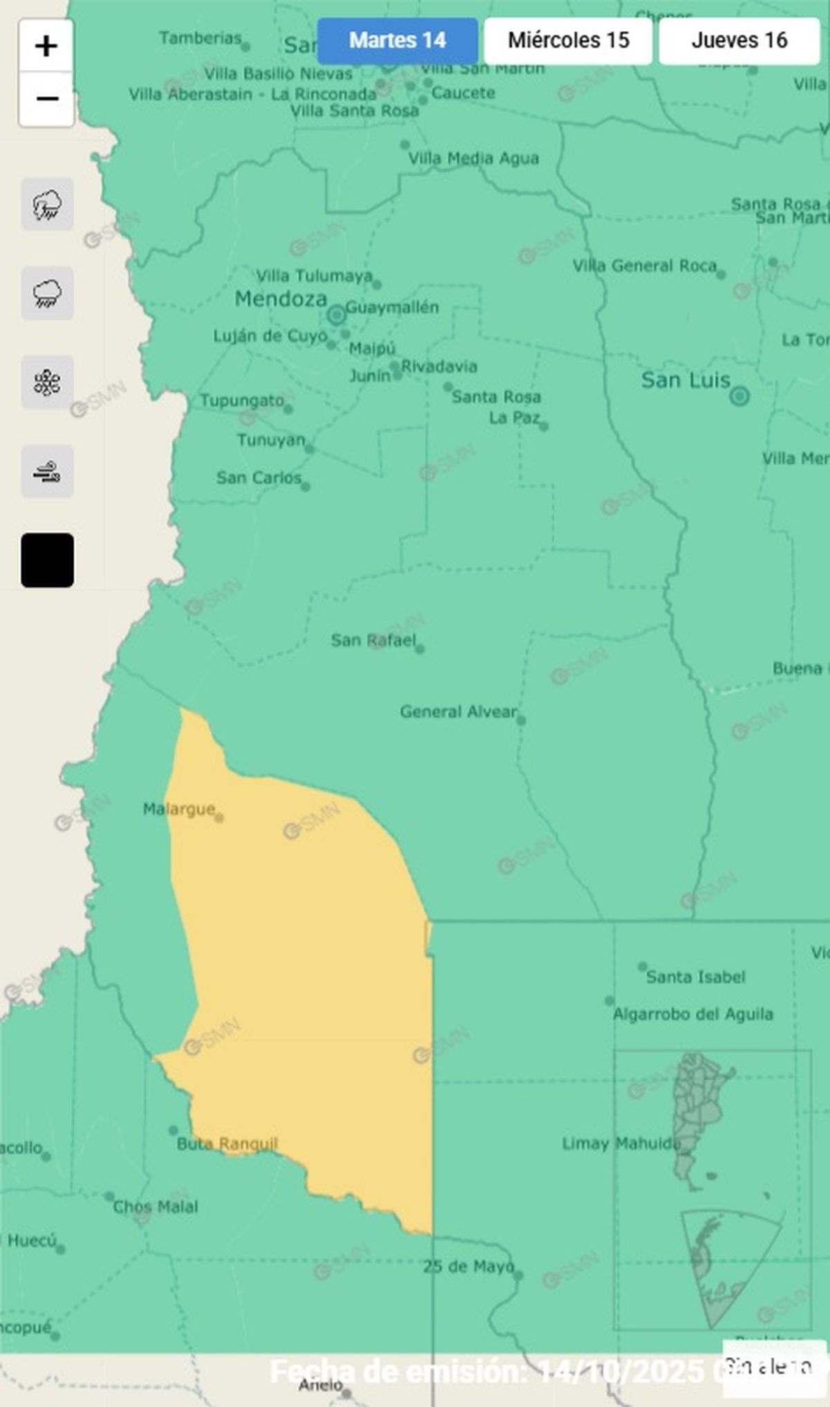 Solo Malargüe se encuentra en alerta este martes. Solo Malargüe se encuentra en alerta este martes.