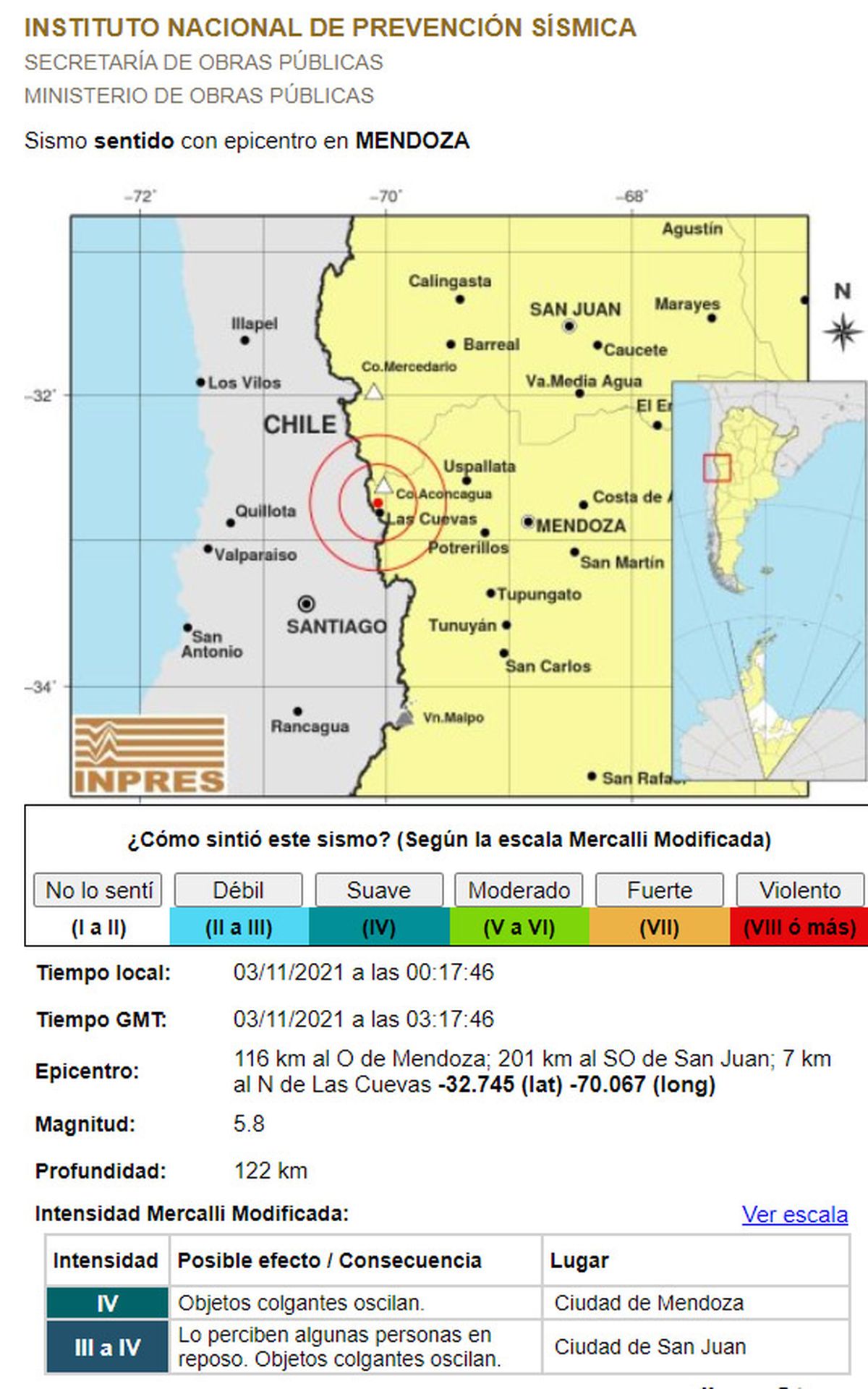 Los datos oficiales del temblor de las 0.15 del miércoles 3 de noviembre en Mendoza