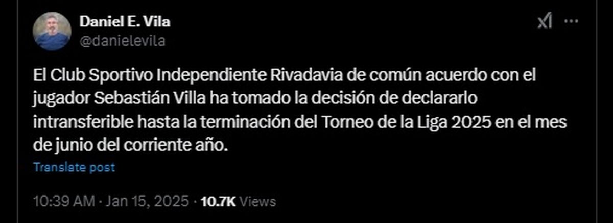 El posteo de Daniel Vila anunciando la permanencia de Sebastián Villa en Independiente Rivadavia. El posteo de Daniel Vila anunciando la permanencia de Sebastián Villa en Independiente Rivadavia.