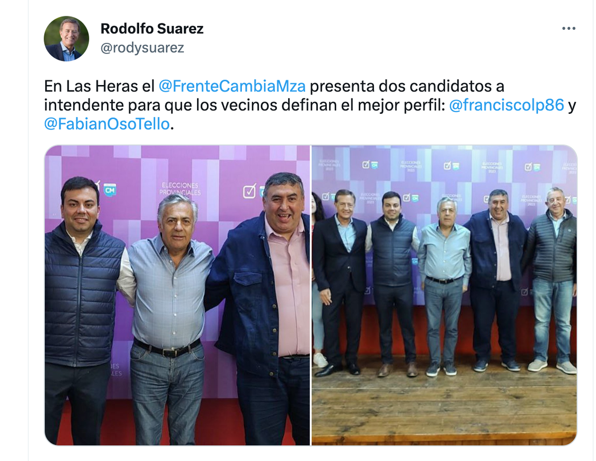 El tuit del gobernador Rodolfo Suarez respaldando a los dos precandidatos de Cambia Mendoza en Las Heras.
