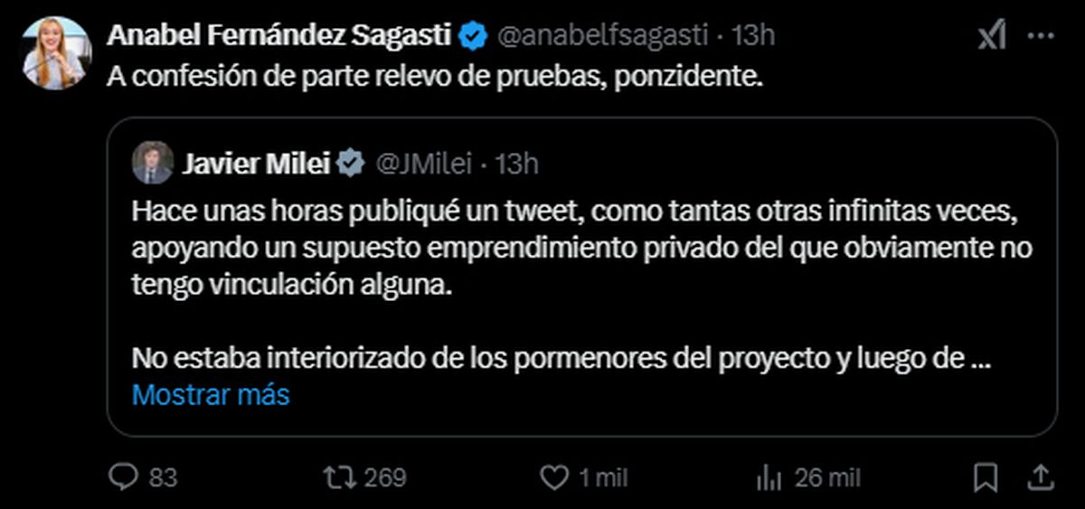 La senadora Anabel Fernández Sagasti fue una de las que cuestionó la publicación de Javier Milei sobre una criptomoneda. La senadora Anabel Fernández Sagasti fue una de las que cuestionó la publicación de Javier Milei sobre una criptomoneda.