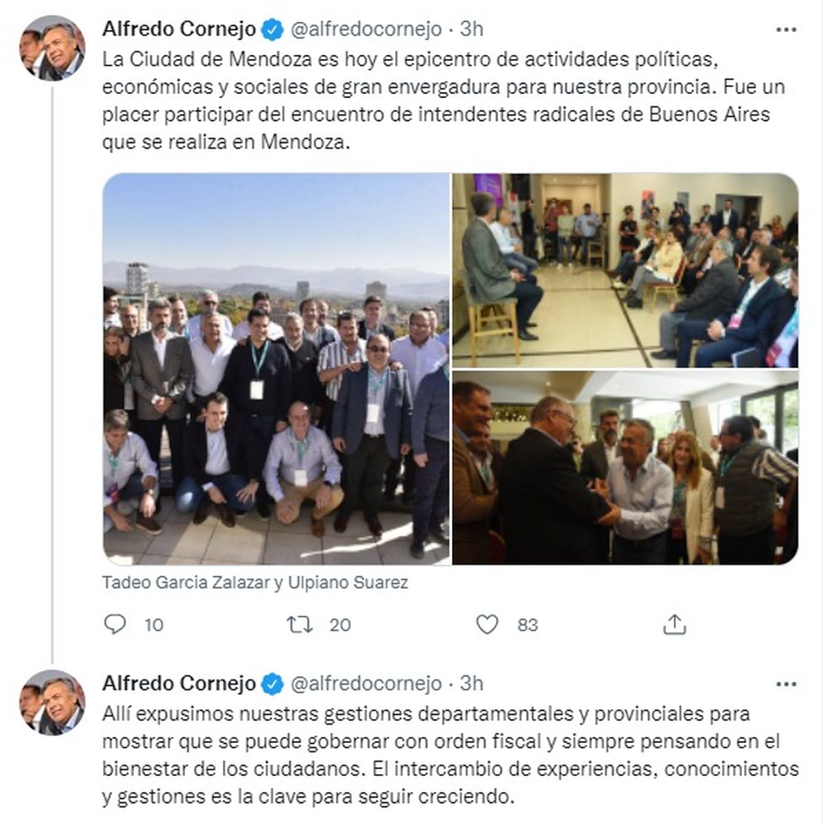 El hilo en el que Alfredo Cornejo se refirió a la reunión con intendentes radicales.