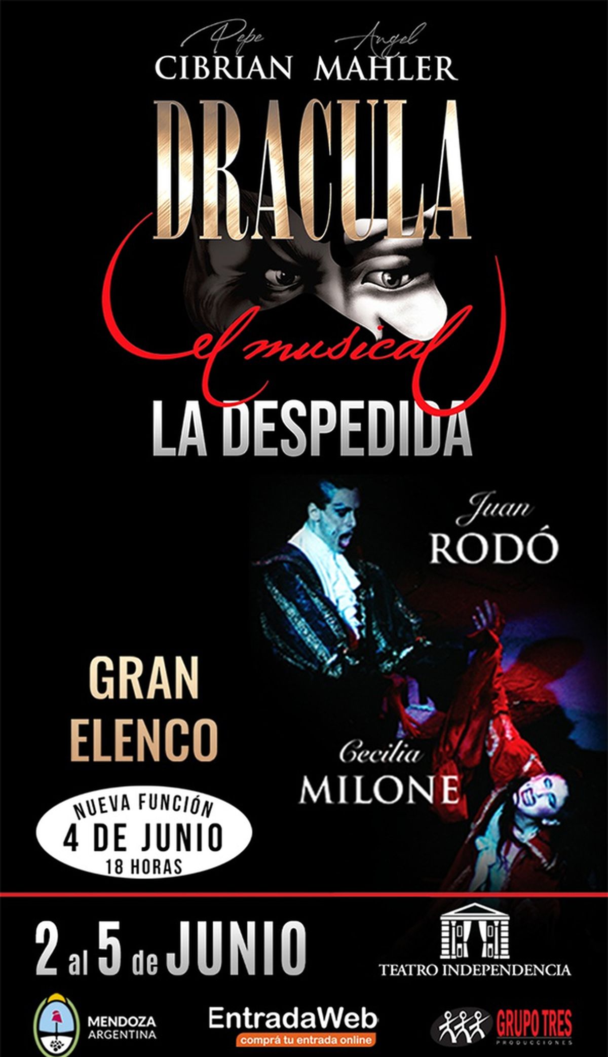 "Drácula el musical, La despedida" llega al Teatro Independencia desde el jueves 2 al domingo 5 de junio. La obra escrita y dirigida por la dupla conformada por Pepe Cibrián y Ángel Mahler, y producido por Tito Lectoure es uno de los musicales argentinos más importantes.