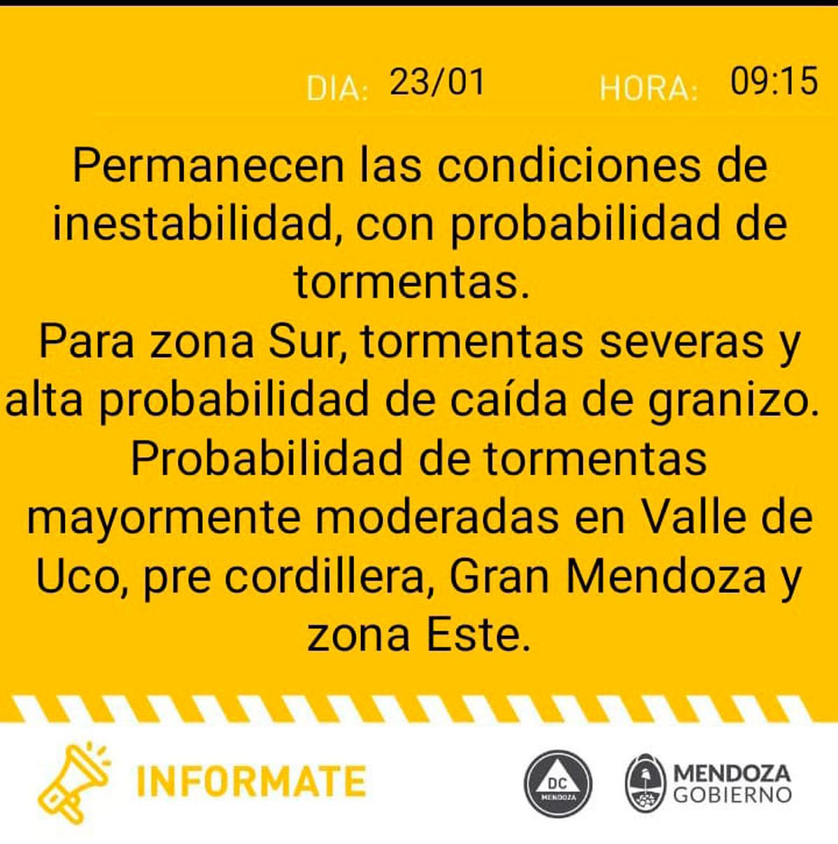 Defensa Civil emitió este lunes una nueva alerta amarilla para la provincia de Mendoza.