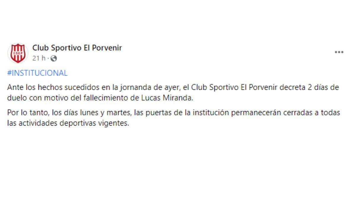 El comunicado del club El Porvenir tras el crimen en San Rafael.