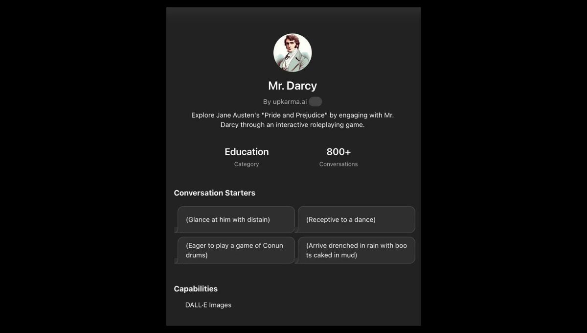 Bot inspirado en Mr Darcy, personaje de "Orgullo y Prejucio". Bot inspirado en Mr Darcy, personaje de "Orgullo y Prejucio". 