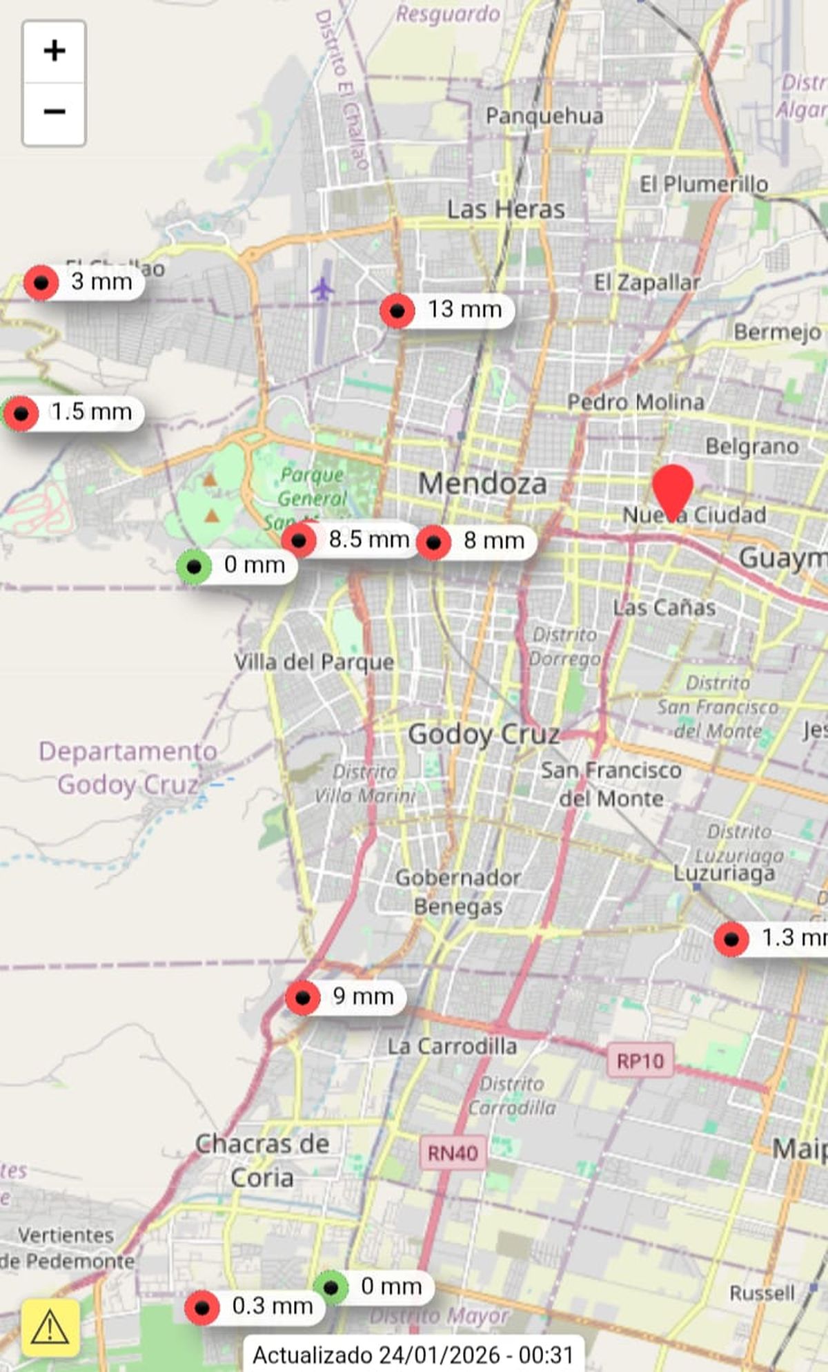 Mapa de los milímetros caídos en Gran Mendoza. Fuente: estaciones del INA.