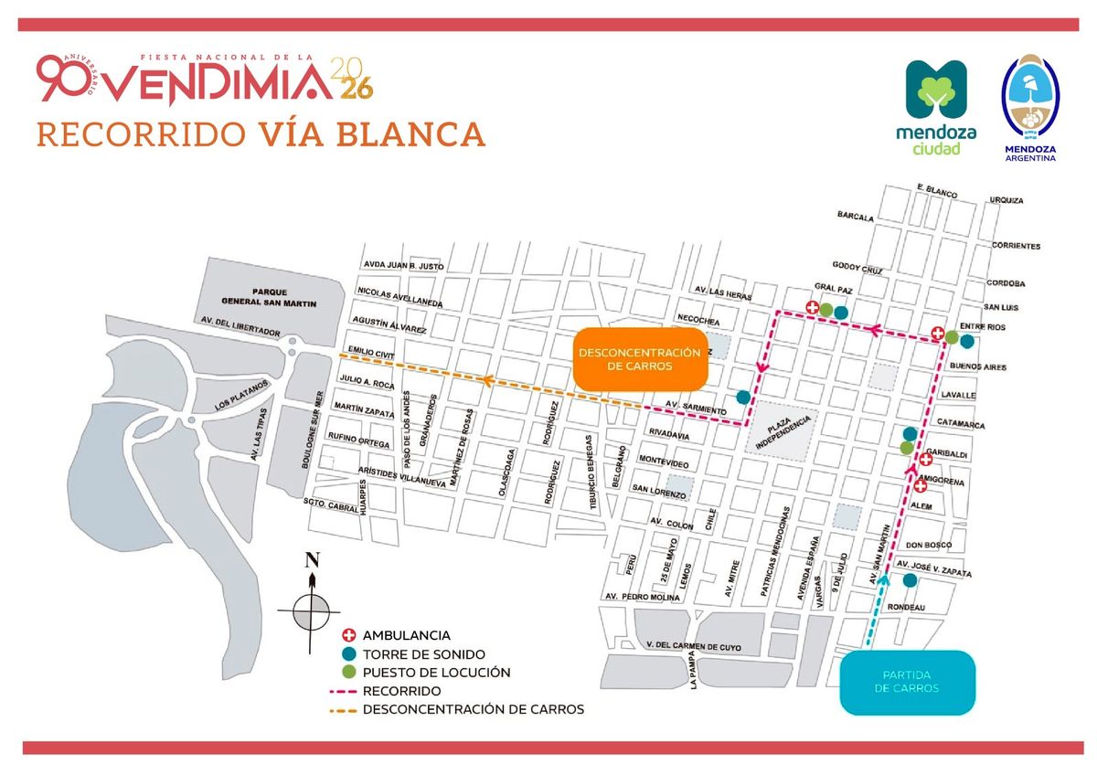 Así será el recorrido de la Vía Blanca de las Reinas que sirve de antesala a la Fiesta Nacional de la Vendimia 2026.