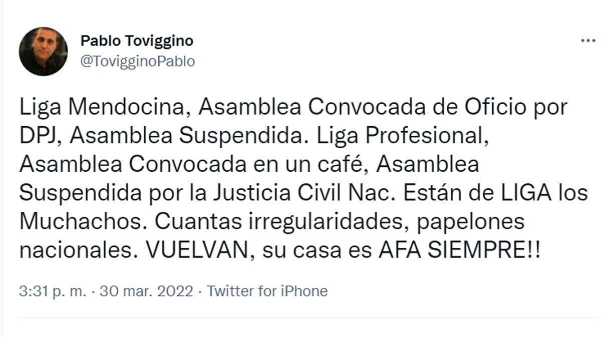 El tuit de Pablo Toviggino, del Consejo Federal, sobre la asamblea de la Liga Mendocina de Fútbol