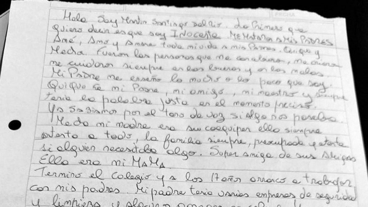 La carta que escribió Martín Del Río luego de su detención, en la que explica no tener ninguna relación con el asesinato de sus padres en la mansión de Vicente López