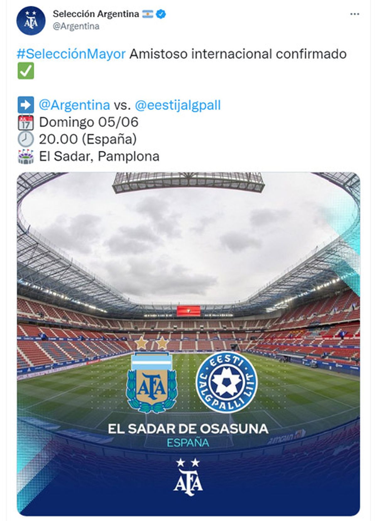 Argentina y Estonia se medirán en Pamplona, el próximo domingo 5 de junio.