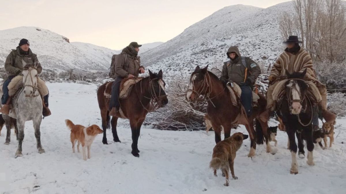 Los integrantes de Gendarmería junto al arriero rescatada de la alta montaña en medio de un fuerte temporal de nieve.