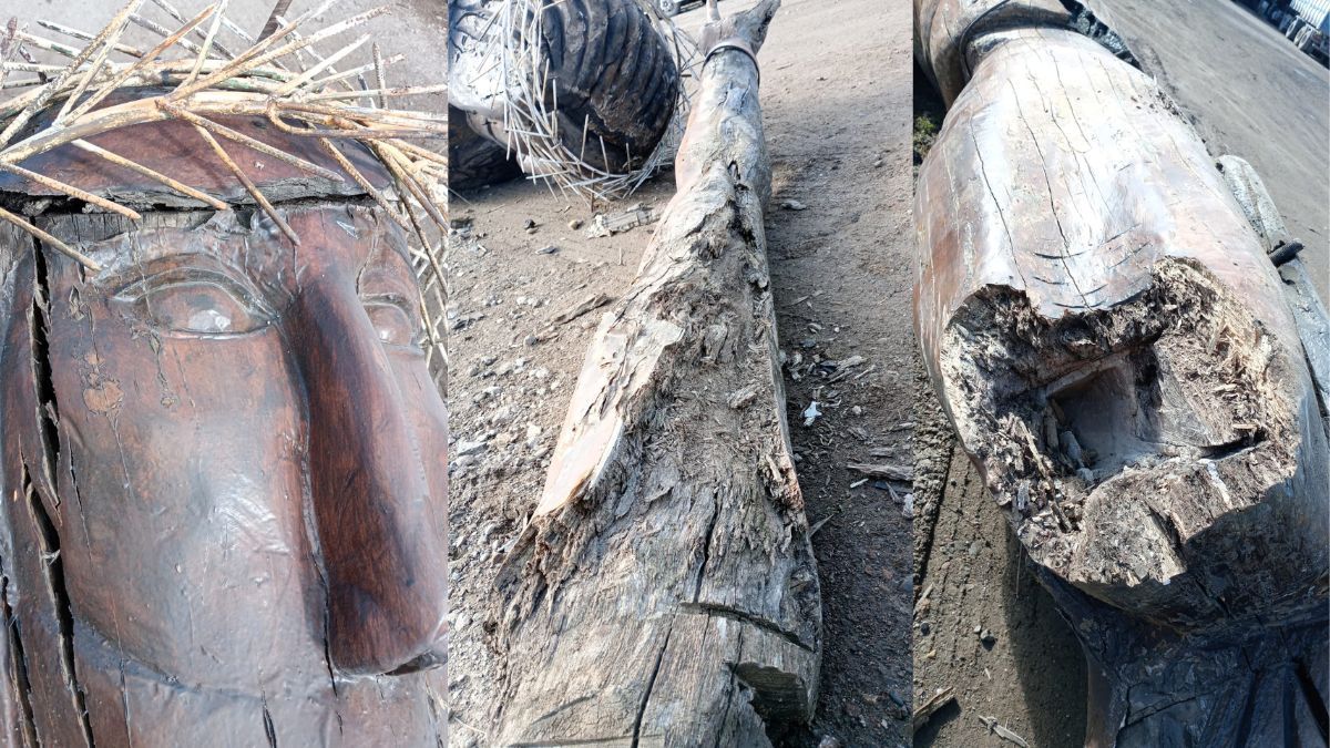 La madera de eucalipto en la que fue tallada la figura de Cristo por el artista chileno Luis Sissara se encontraba ahuecada y en algunas de sus partes, ya estaba blanda La madera de eucalipto en la que fue tallada la figura de Cristo por el artista chileno Luis Sissara se encontraba ahuecada y en algunas de sus partes, ya estaba blanda